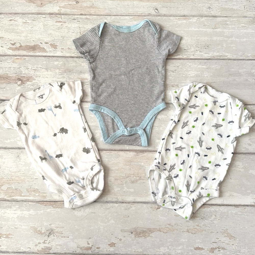 Carters NB Baby Boy Onesies Bodysuits Blue Gray Stripes Elephants Space Newborn